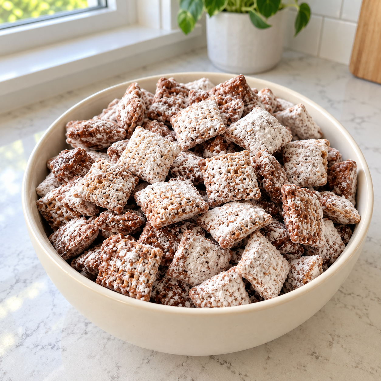 Powdered-sugar-coated square cereal snack mix in a ceramic bowl